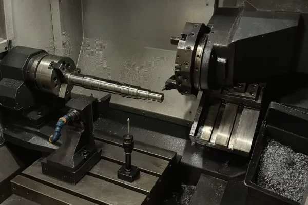 CNC lathe turning a stepped metal shaft with chuck and cutting tool inside the machine enclosure