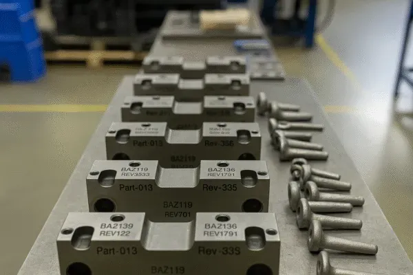 CNC machined steel tooling blocks with engraved part numbers and bolts arranged on an inspection table