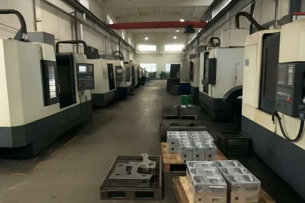 CNC machining center workshop with row of machines and pallets of precision machined parts