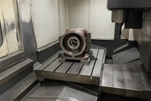 CNC machining center work area with metal housing clamped in a fixture on the machine table