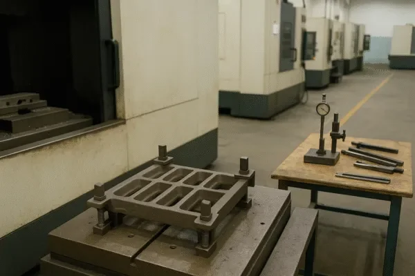 CNC machining fixture on machine table with inspection gauges and measuring tools in a precision workshop