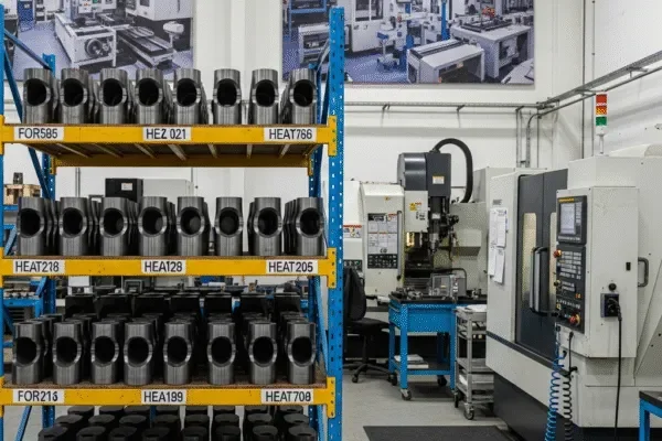 CNC machining workshop with labeled storage racks of machined metal parts and CNC milling machines in the background