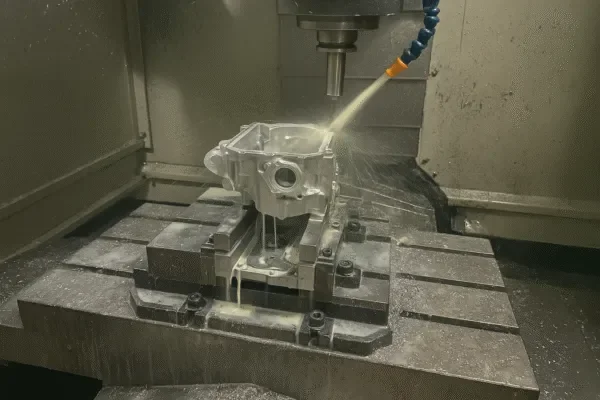 CNC milling machining an aluminum housing with coolant spray inside a machining center