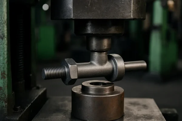 Cold forging process of a high-strength bolt being formed under a hydraulic press in an industrial workshop.
