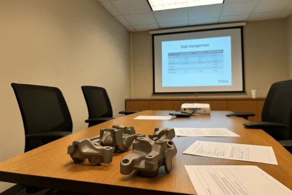 Cost comparison meeting room with metal part samples on the table, showing OEM manufacturing evaluation and project documents.