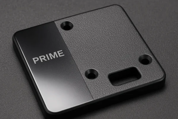 Custom plastic cover with two surface finishes (gloss and texture) and laser marking for identification.