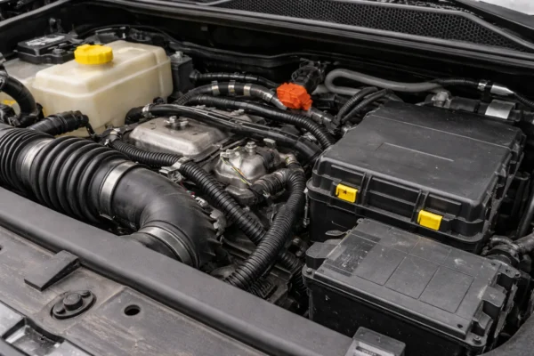 Automotive plastic component with clip and sealing features prepared for dimensional and functional checks.