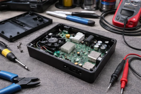 Electronics plastic enclosure with vents and mounting tabs prepared for assembly-fit verification.