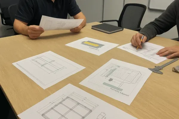 Engineering design review meeting with technical drawings, caliper, and note-taking on a conference table