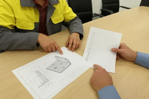 Engineering review meeting discussing a sheet metal bracket drawing with checklist document on a conference table