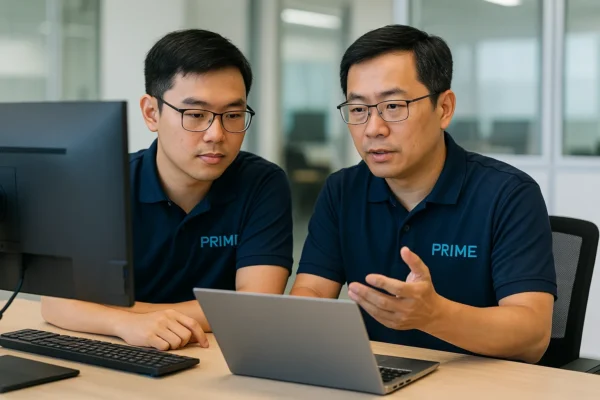 Two engineers calculating total production cost of a welded structure, referencing weld time, finishing, and material waste