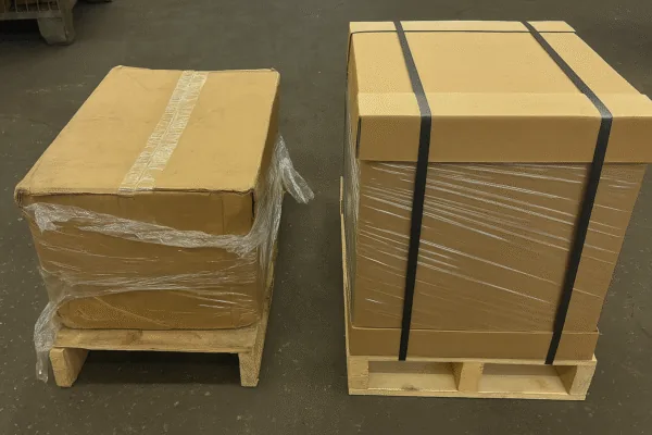 Export packaging cartons on pallets with stretch wrap and strapping ready for international shipment