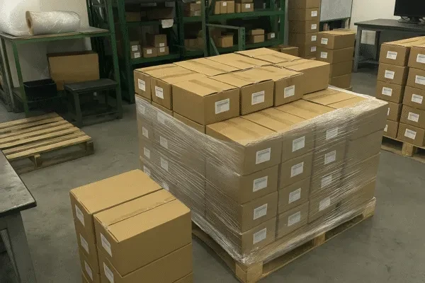 Palletized cartons stretch wrapped and labeled in a warehouse for export packaging and shipment preparation