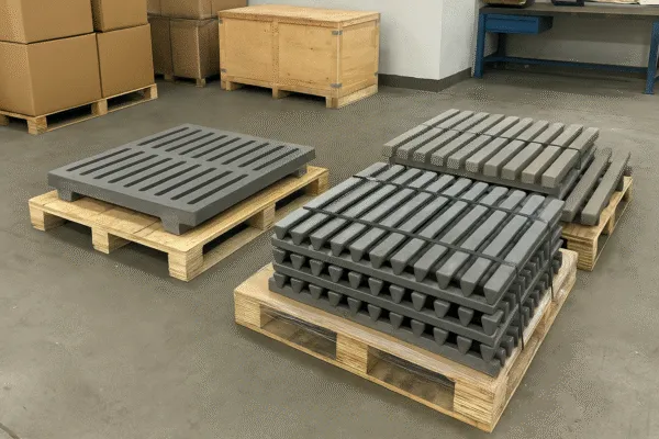 Palletized metal parts trays stacked and strapped for export packaging in a warehouse