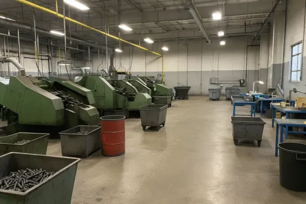 Fastener manufacturing workshop with cold heading machines, part bins, and assembly workstations