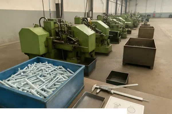 Fastener production line with cold heading machines, bin of bolts, and caliper for in-process inspection