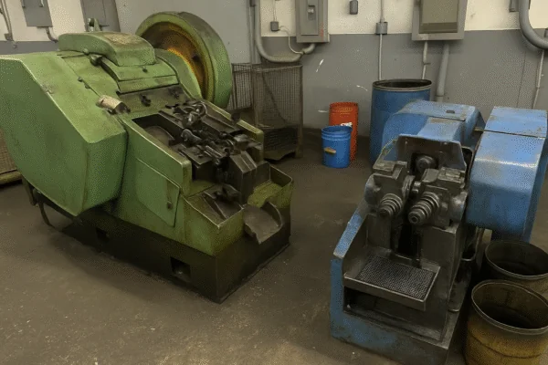 Thread rolling and cold heading machines in a fastener manufacturing workshop