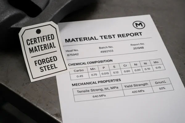 Redacted sample MTR/MTC showing heat number, chemistry, and test results for forged steel (traceability fields highlighted)