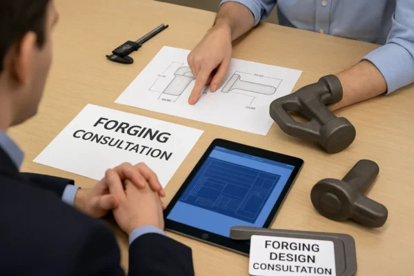 Forge DFM review: fillets, grain flow direction, draft strategy, and machining allowance marked on drawing