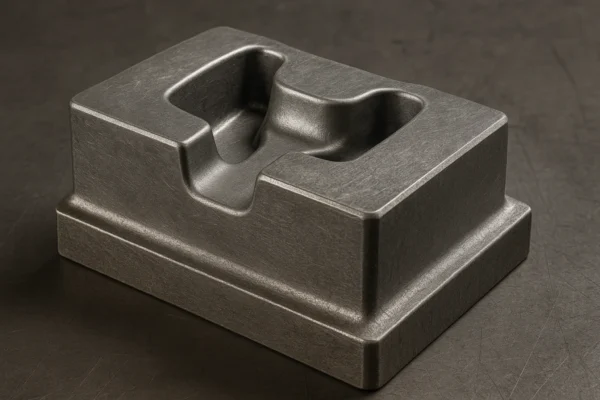 Forging die block with machined cavity used to control geometry repeatability and flash line consistency