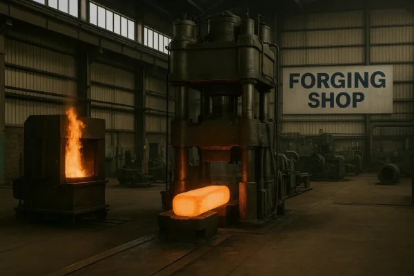 Interior of a forging workshop with hydraulic press and glowing hot metal billet beside an active furnace, no workers visible.