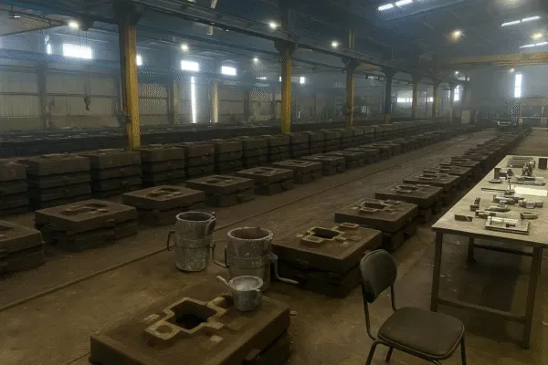 Large foundry workshop with rows of casting molds, ladles, and tooling station for metal casting production