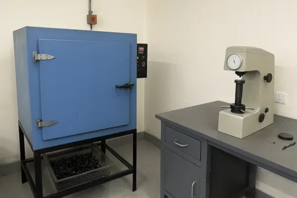 Quality control lab with hardness tester and industrial oven for heat treatment and material inspection