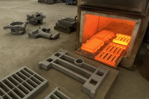 Glowing metal castings coming out of a heat treatment furnace with casting fixtures on the foundry floor