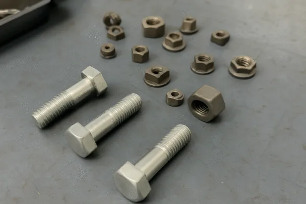 Hex bolts and assorted nuts displayed on a workbench for industrial fastener manufacturing
