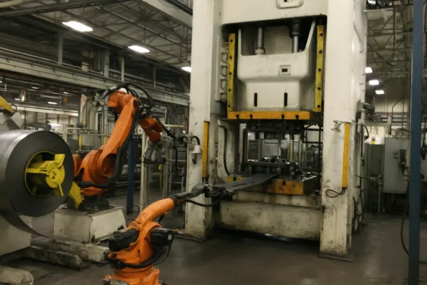 Deep draw stamping line and coil feeding for formed parts