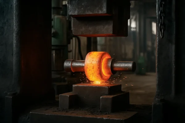 Red-hot metal billet being forged under a heavy hammer in an industrial workshop during the hot forging process.