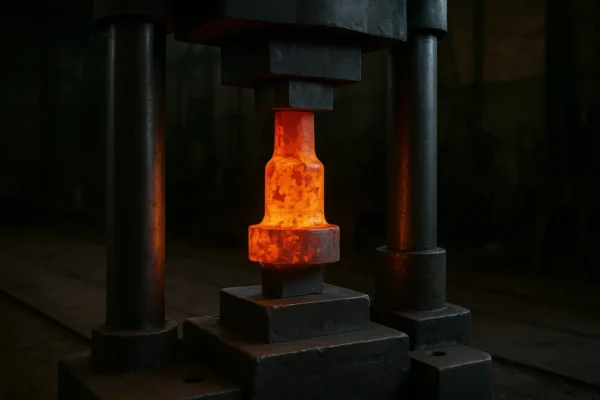 Hot forging: red-hot metal workpiece pressed under hydraulic forging equipment