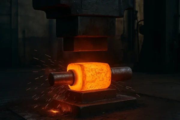 Glowing hot steel billet being compressed under a heavy forging hammer in a dimly lit industrial workshop.
