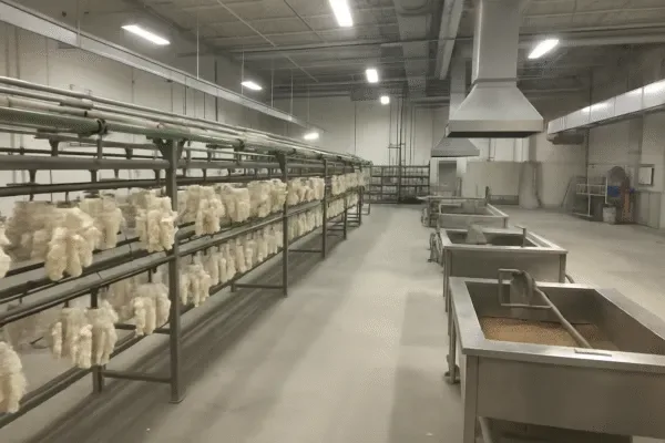 Industrial surface treatment line with hanging parts and stainless steel dip tanks under ventilation hoods