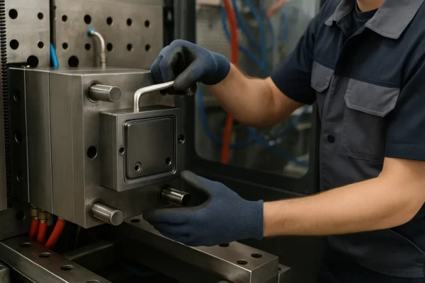 Mold installation and setup: technician securing tooling for injection molding production.