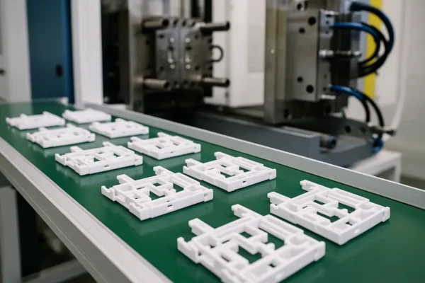 Plastic parts lined up on a cooling conveyor belt immediately after ejection from the mold, ready for inspection.