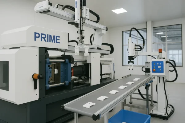 Automation for molded parts handling: robot and conveyor flow for stable and repeatable production.