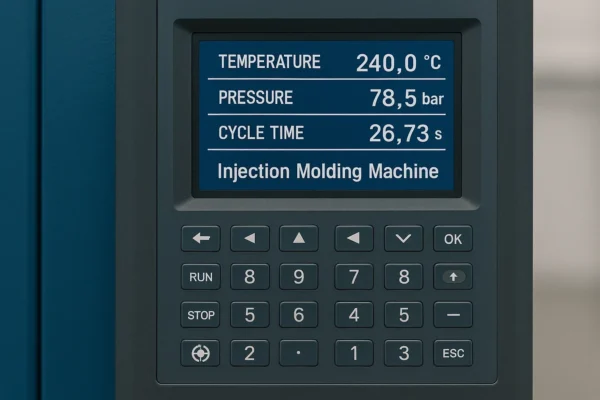 Digital control panel of a plastic injection machine showing real-time temperature, pressure, and cycle data.