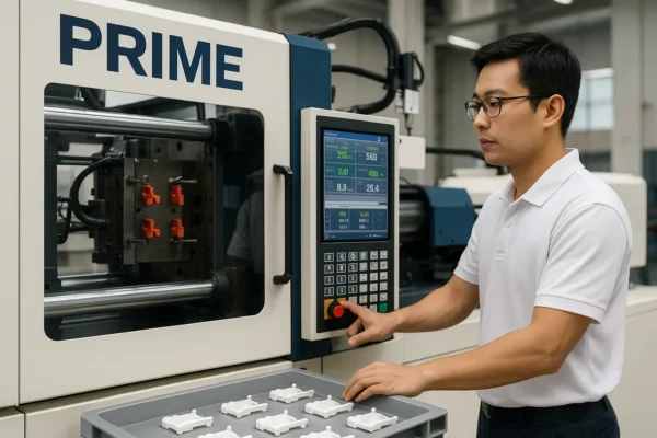 Operator verifying injection molding machine settings and monitoring production for custom plastic parts.
