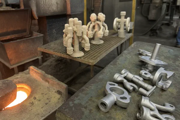Investment casting workshop with ceramic shell molds and freshly cast metal parts near a furnace, showing OEM casting production.