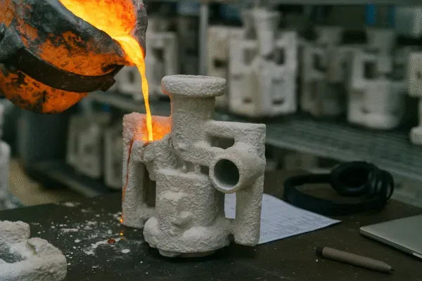 Molten metal pouring into ceramic shell mold during investment casting process