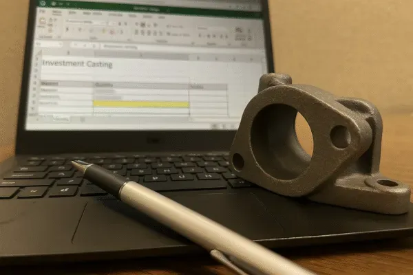 Investment casting quote spreadsheet on laptop with cast metal component and pen