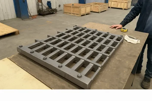 Precision machining fixture plate with grid pockets on workbench for CNC workholding and setup