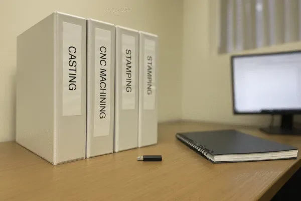 Process documentation binders labeled casting, CNC machining, and stamping on an office desk