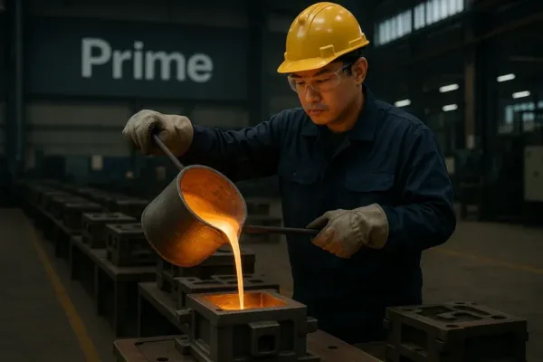 Pouring molten metal into a mold in a casting workshop.