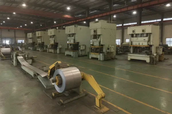 Metal stamping workshop with coil feeder line and multiple stamping press machines for high-volume production