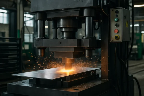Stamping press in operation showing production environment