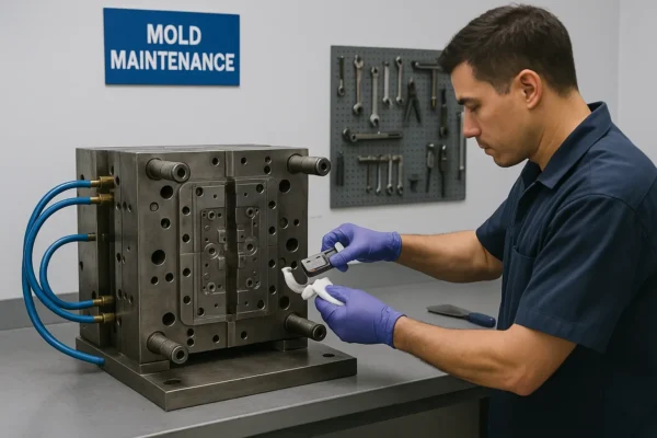 Mold maintenance area where workers clean and maintain steel tooling for plastic injection molding.