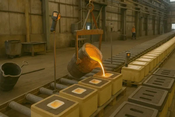 Molten metal pouring into casting molds on a conveyor line inside an industrial foundry