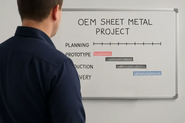 OEM sheet metal project timeline board showing planning, prototype, production, and delivery stages